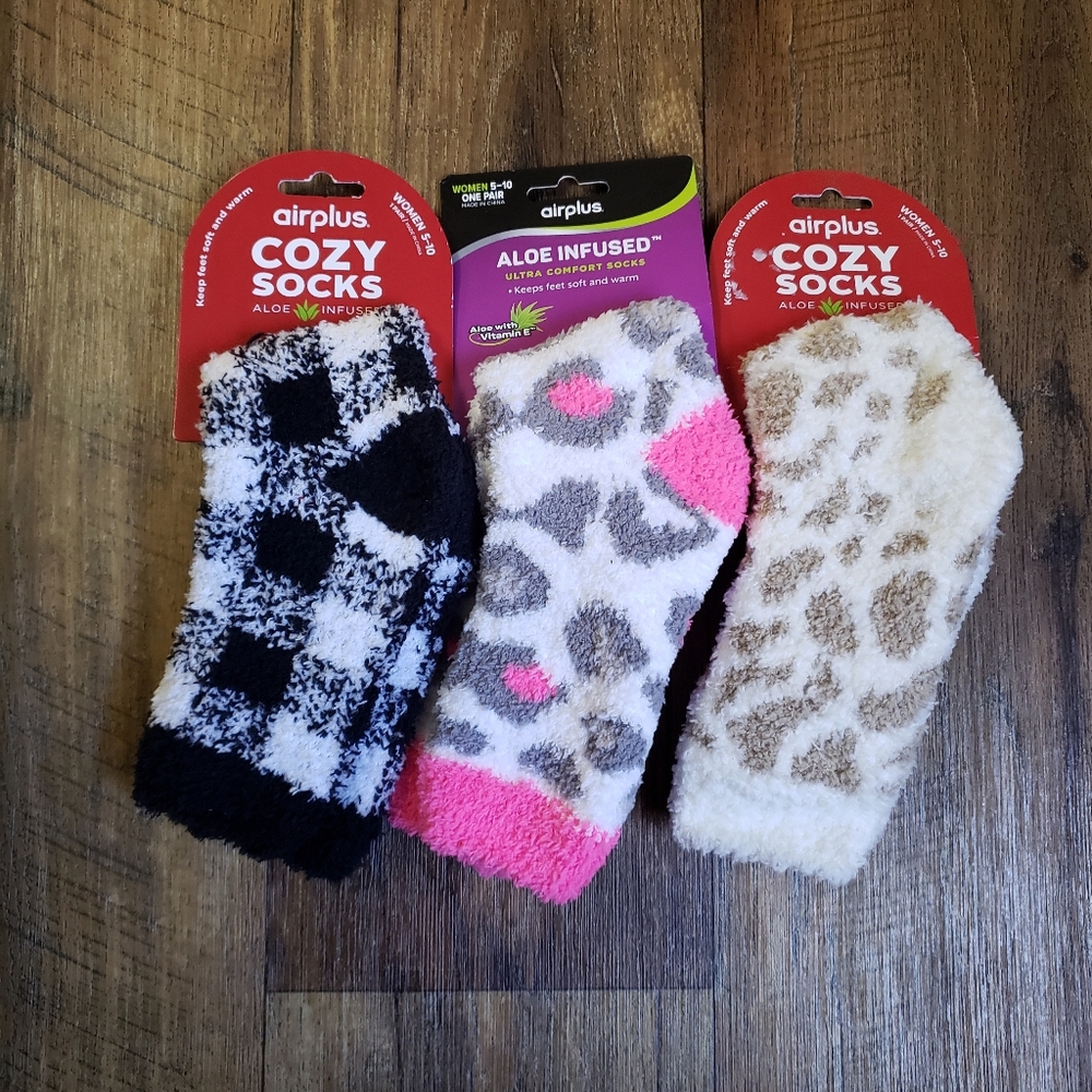 Set Of 3 Airplus Cozy Aloe Infused Socks Set Plaid/Animal Print Sz 5-10